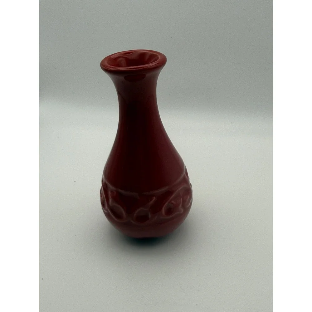 Vintage Red Ceramic Bud Vase Embossed Scroll Design Glossy Stoneware Home Decor